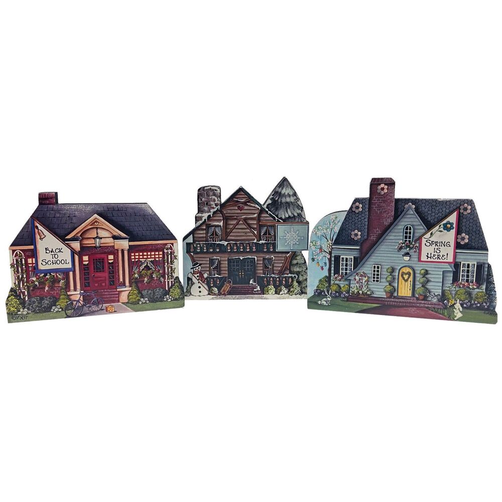 Lot of 3 Brandywine Woodcrafts Shelf Sitters: Back to School, Snowman, Spring